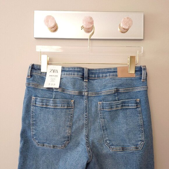 NWT Zara medium blue wash high rise flare leg ankle stretch denim jeans, 12 - Picture 14 of 14